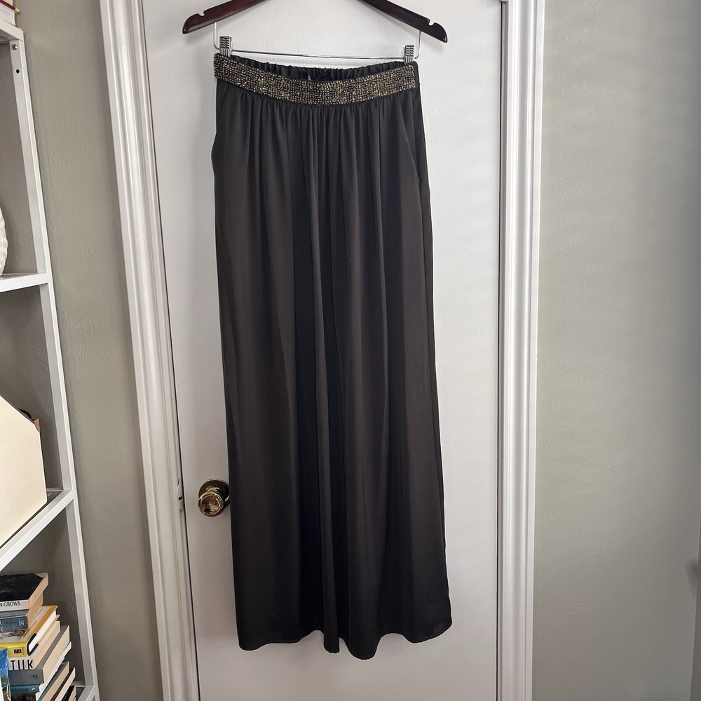 Zara M Pull On Beaded‎ Stretch Maxi Skirt Dark Olive Satin Boho Glam Fairygrunge